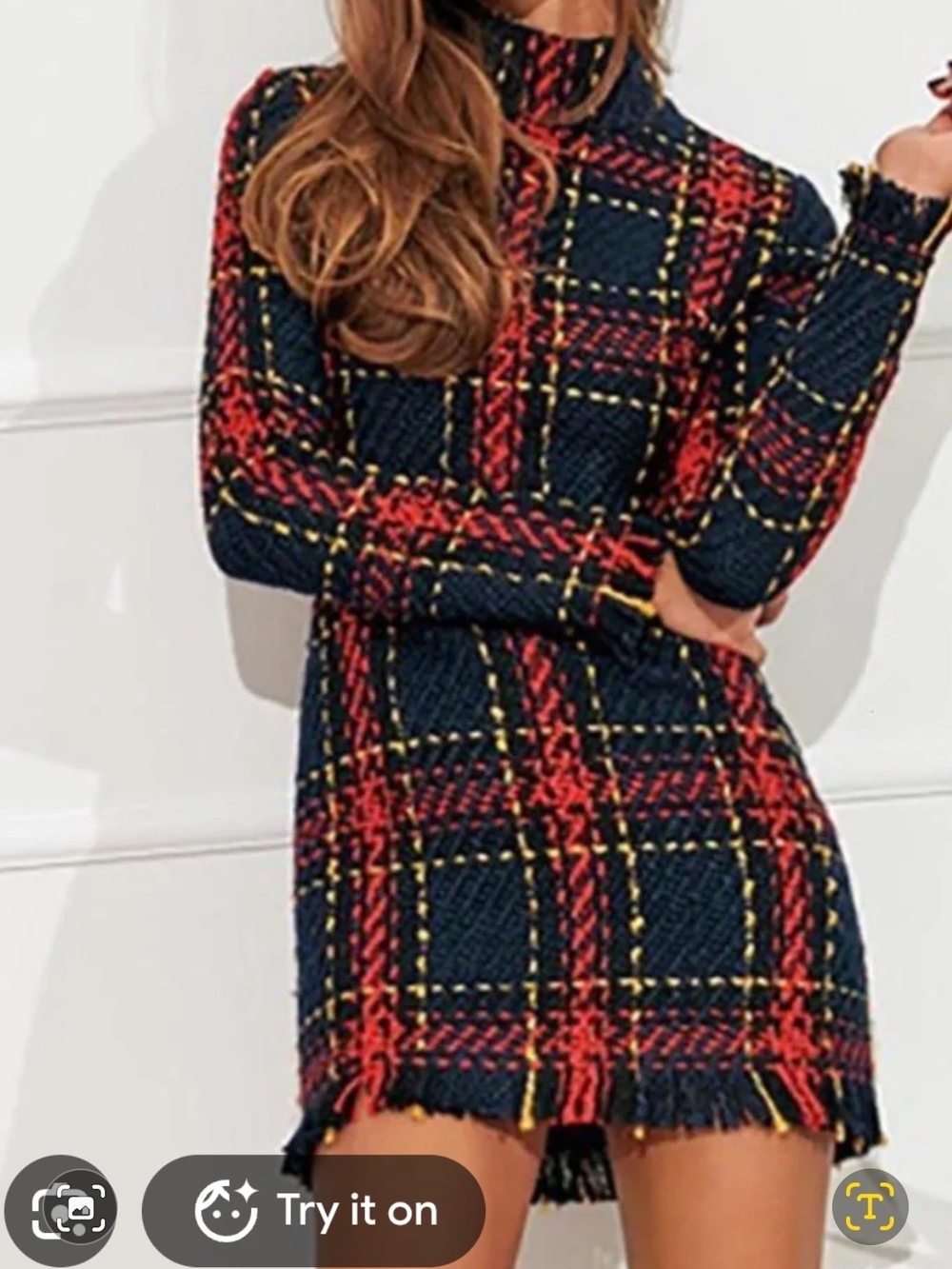 Plaid Tweed Mini Dress with Fringe Hem